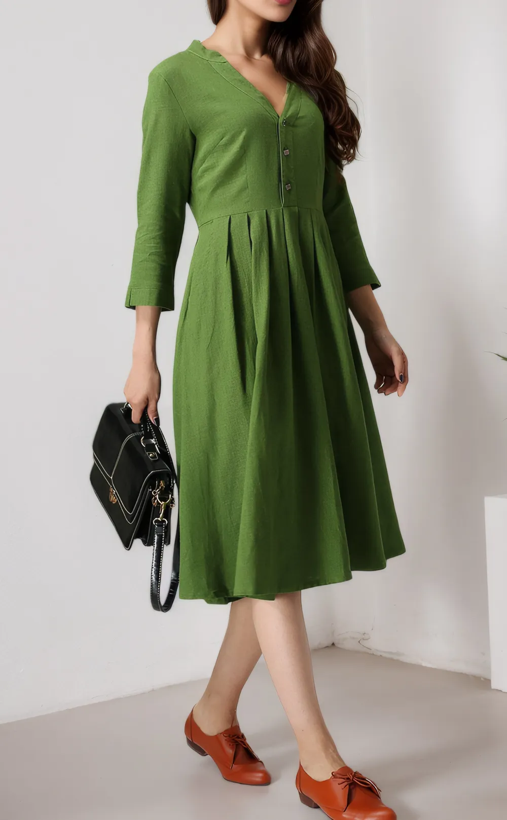 Linen Cotton Shirt Pleated V Neck Midi Dress
