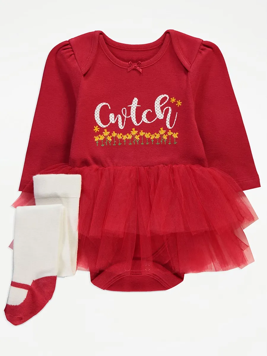 Red Welsh Cwtch Red Tutu Bodysuit and Tights Outfit