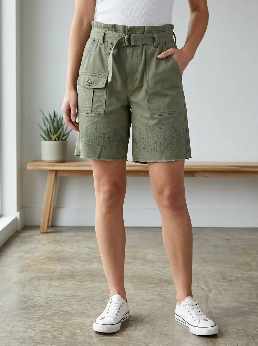 Women's Nature Lover Pine Forest Moon Printed Cargo Shorts