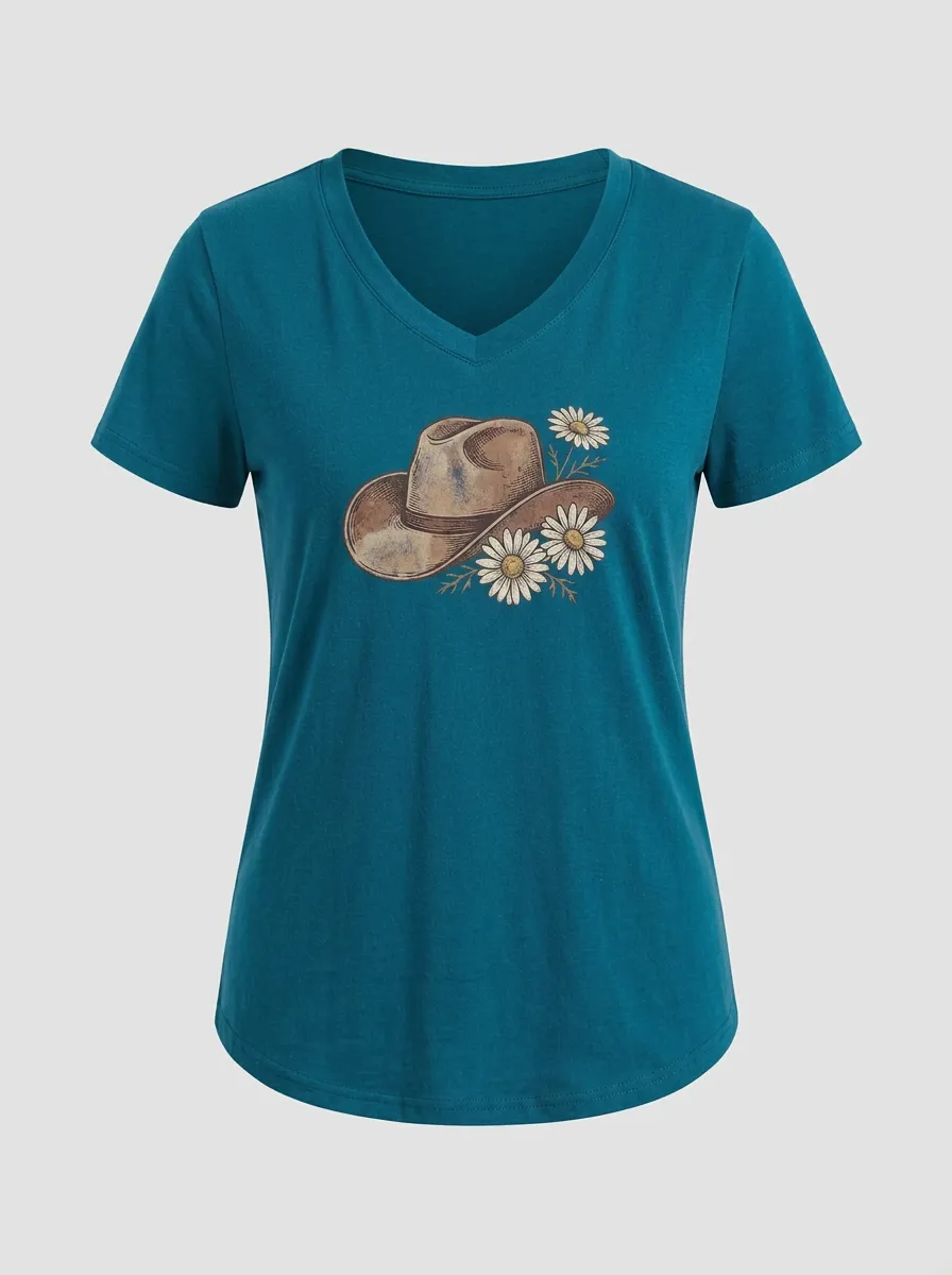 Women's Cowgirl Daisy Graphic V-Neck T-Shirt