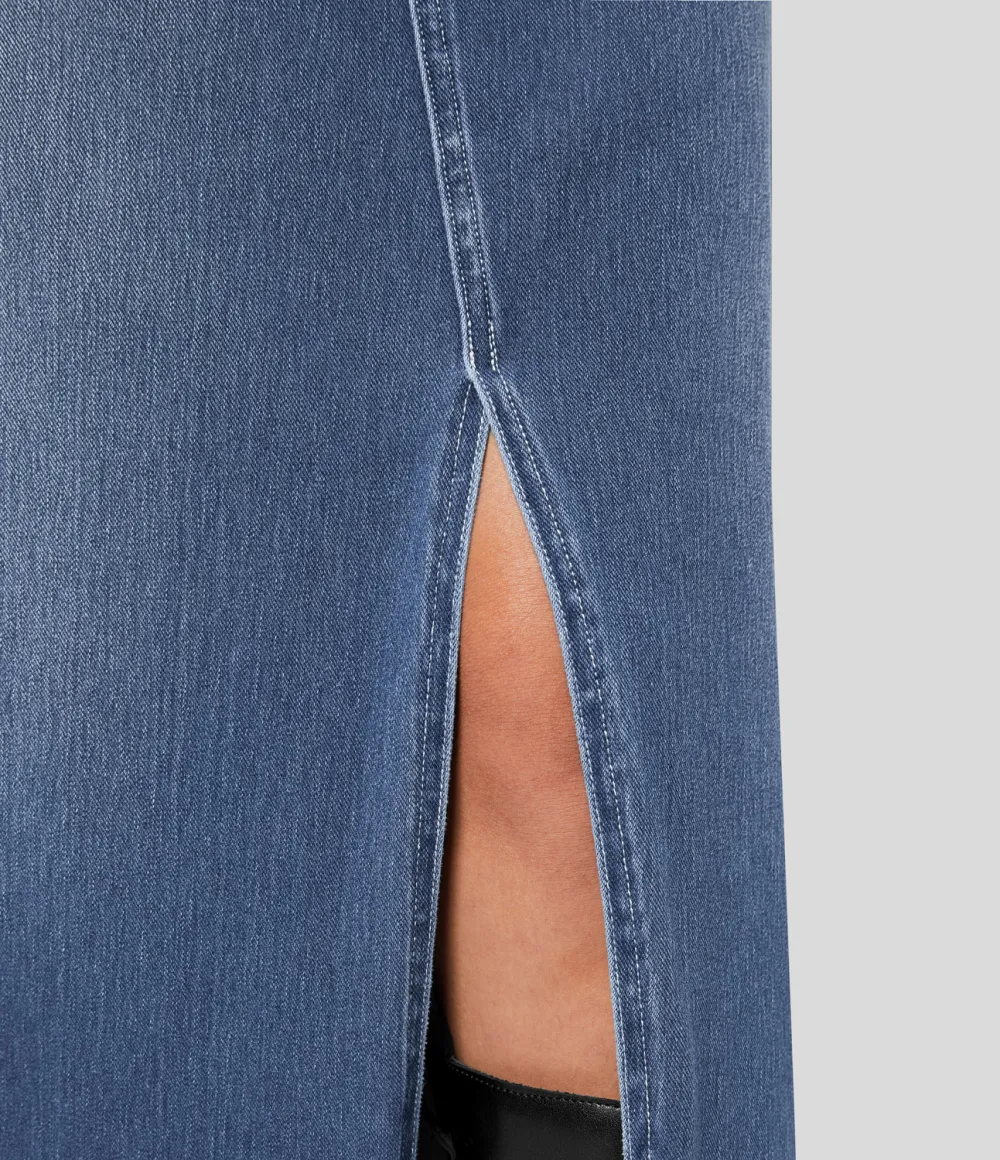 Magic Mid Rise Button Zipper Multiple Pockets Split A Line Stretchy Knit Denim Maxi Casual Skirt