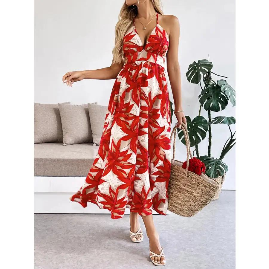 Crisscross Back Printed Midi Dress with Cutout Detail