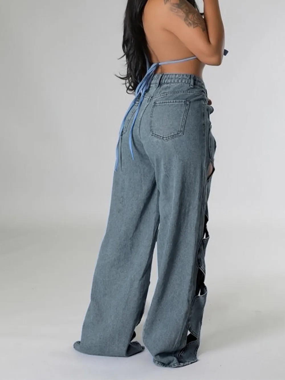 Cutout Wide Leg Denim Jeans