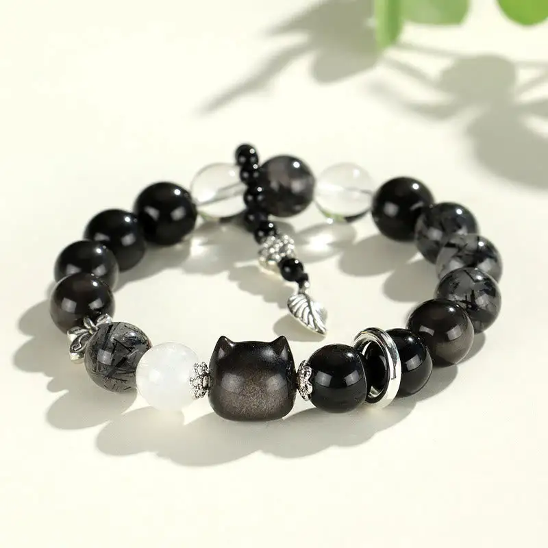 Natural Obsidian Cat Head Fox Planet Bracelet