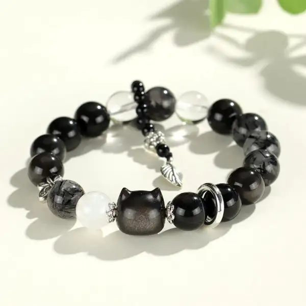 Natural Obsidian Cat Head Fox Planet Bracelet