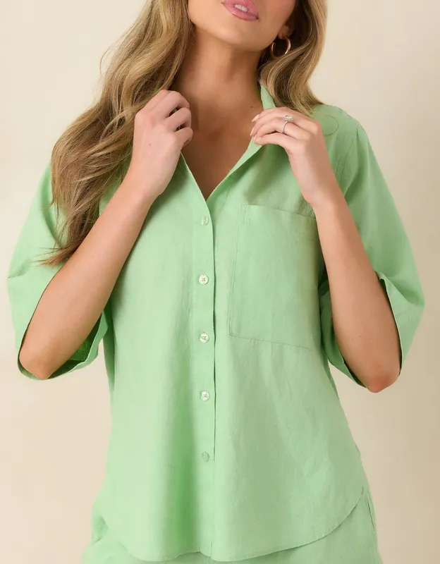 Light Green Linen Blend Button-Down Top
