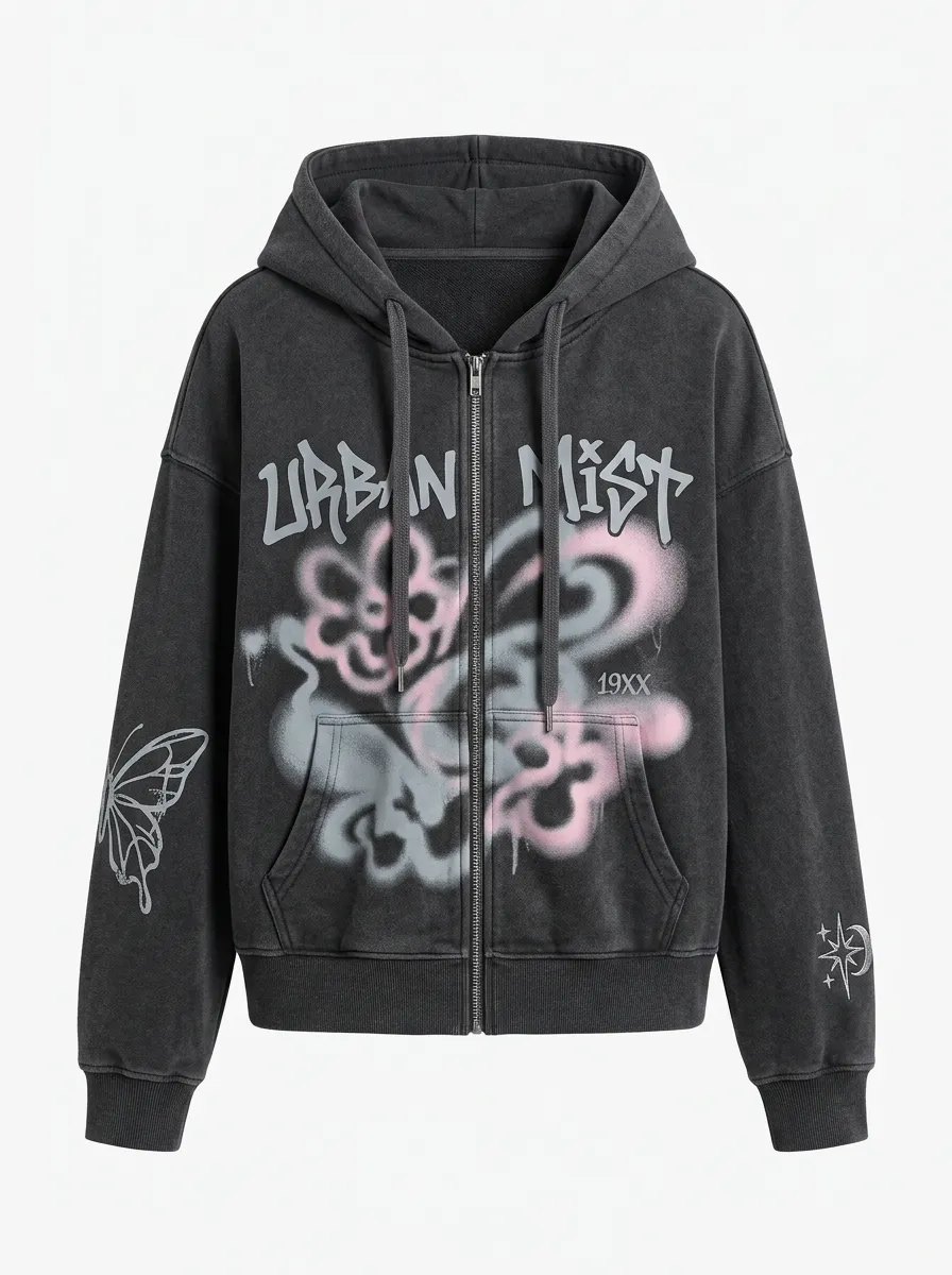 Unisex Streetwear Urban Mist Butterfly Flower Printed Zip-up Hoodie