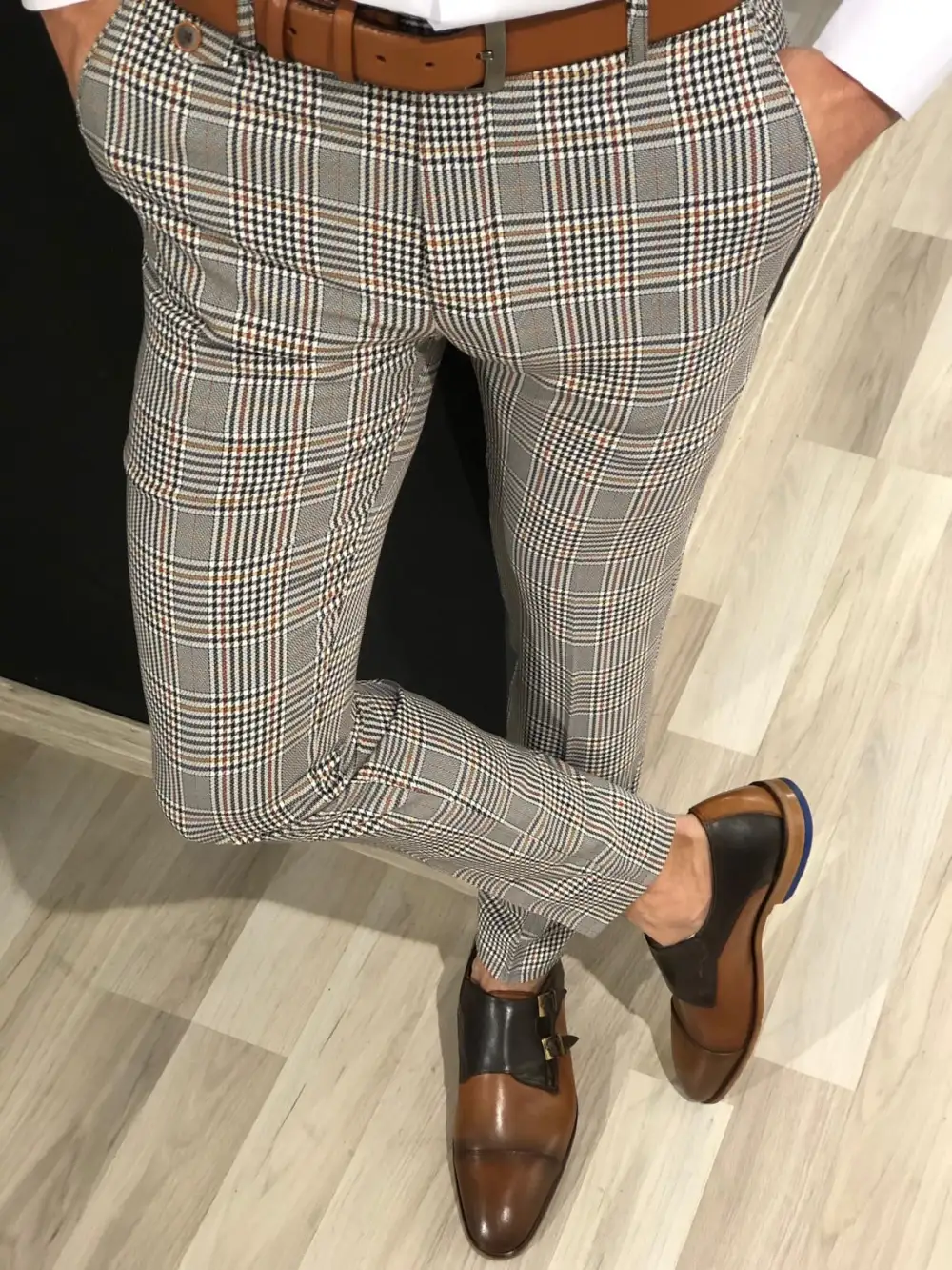 Refined Textured Slim Fit Plaid Tailored Trousers