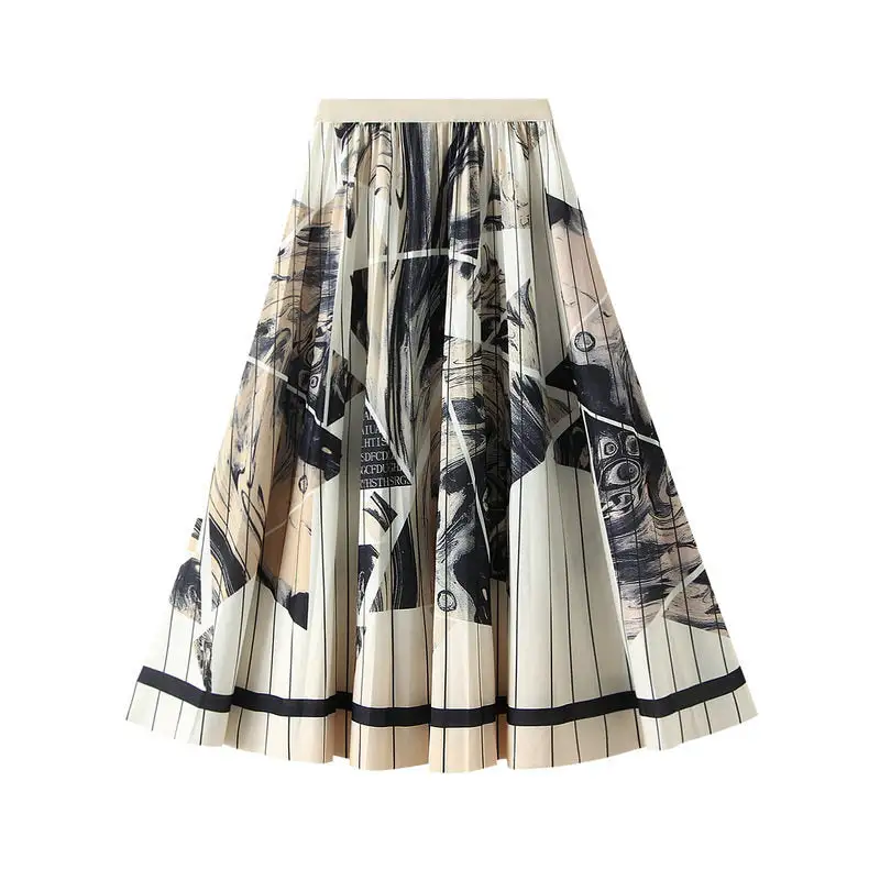 Lightweight Ink Print Pleated Midi Skirt