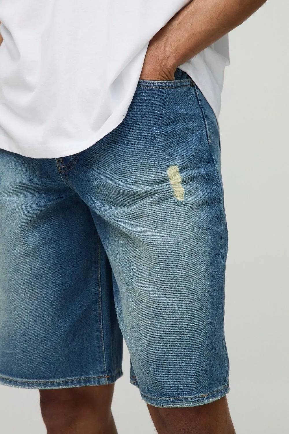 Vintage Blue Washed Minimal Ripped Denim Shorts