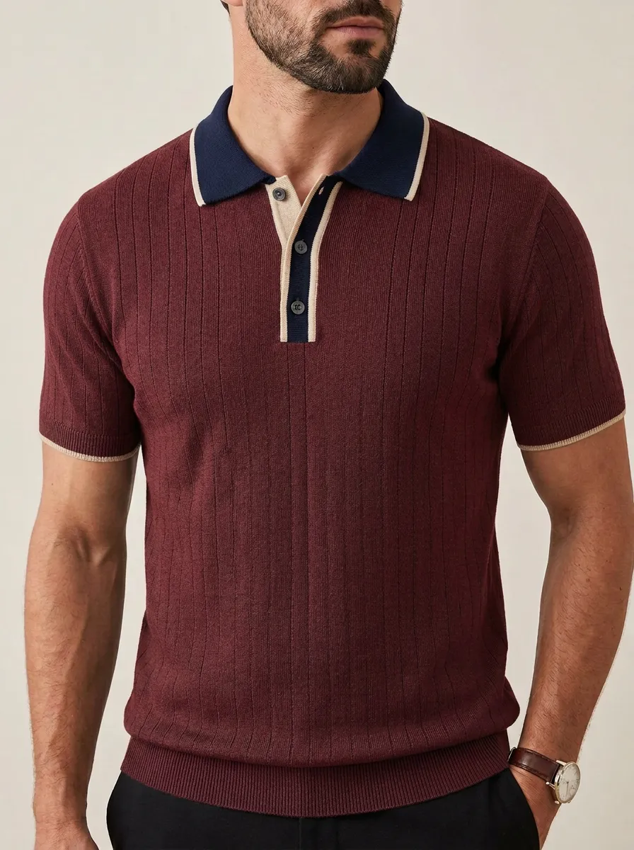 Men's Casual Vintage Vertical Ribbed Contrast Collar Polo Shirt