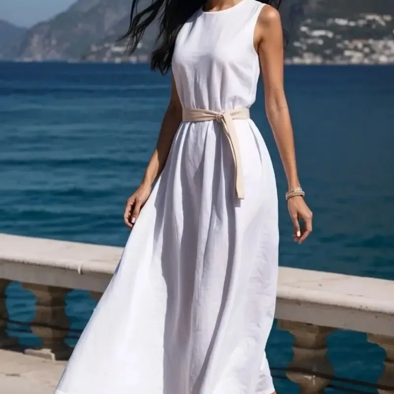 Sleeveless Linen Blend Cotton Blend Maxi Easy Dress