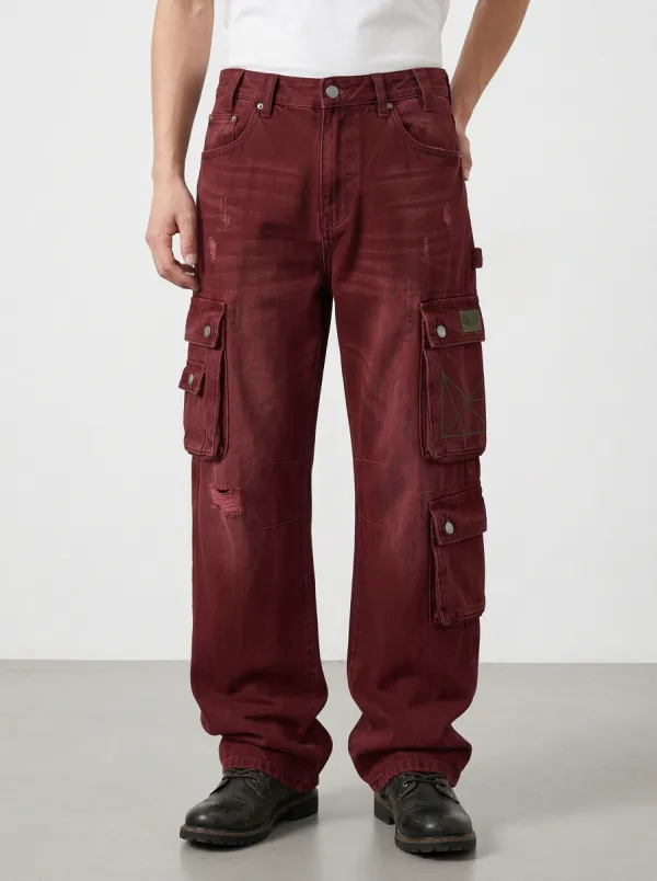Men's Vintage Distressed Geometric Print Multi-Pocket Cargo Jeans
