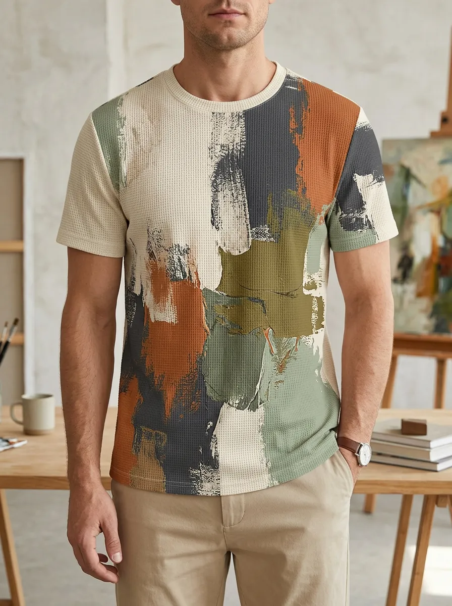 Men's Abstract Art Brushstroke Waffle Knit Signature Crew Neck T-Shirt