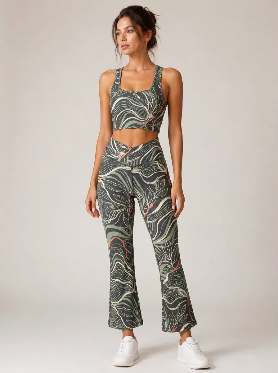 Women's Yoga Fitness Abstract Leaf Printed Ribbed Workout Set