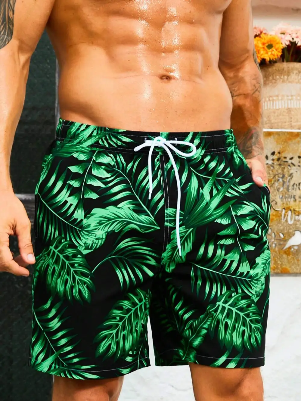 Men's Leaves Print Drawstring Swim Trunks