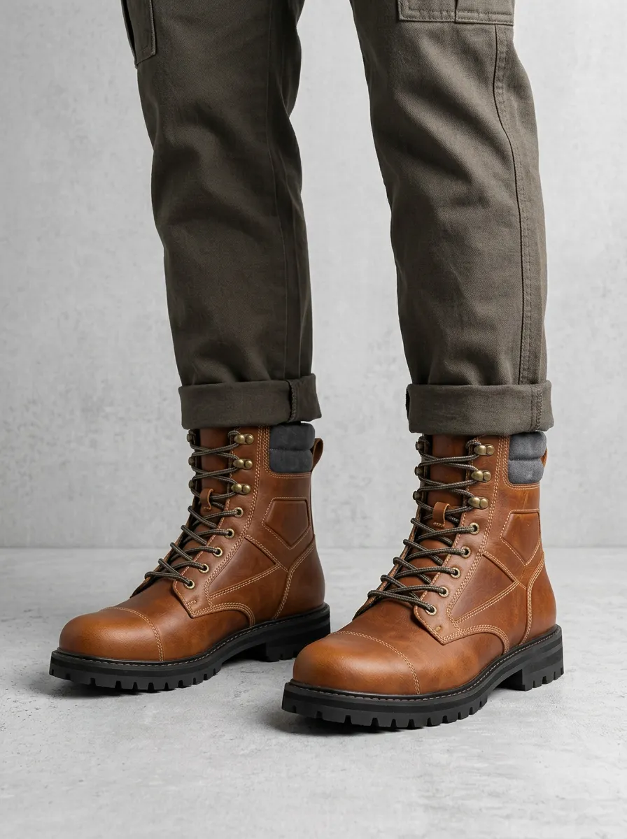 Unisex Leather Tactical Stitched Print Work Boots