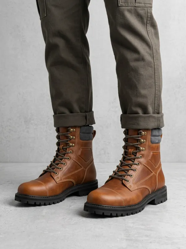 Unisex Leather Tactical Stitched Print Work Boots