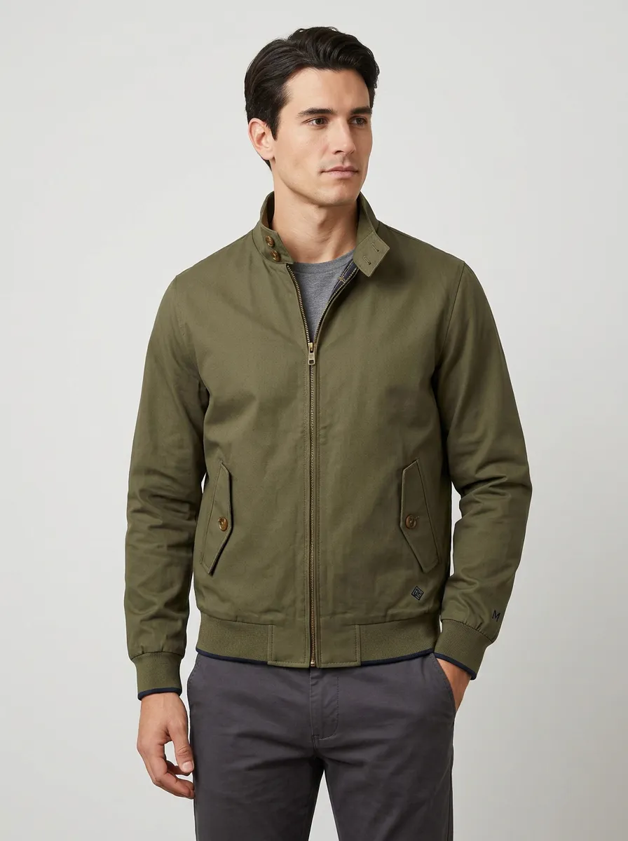 Men's Casual Olive Green Stand Collar Zip-Up Bomber Jacket