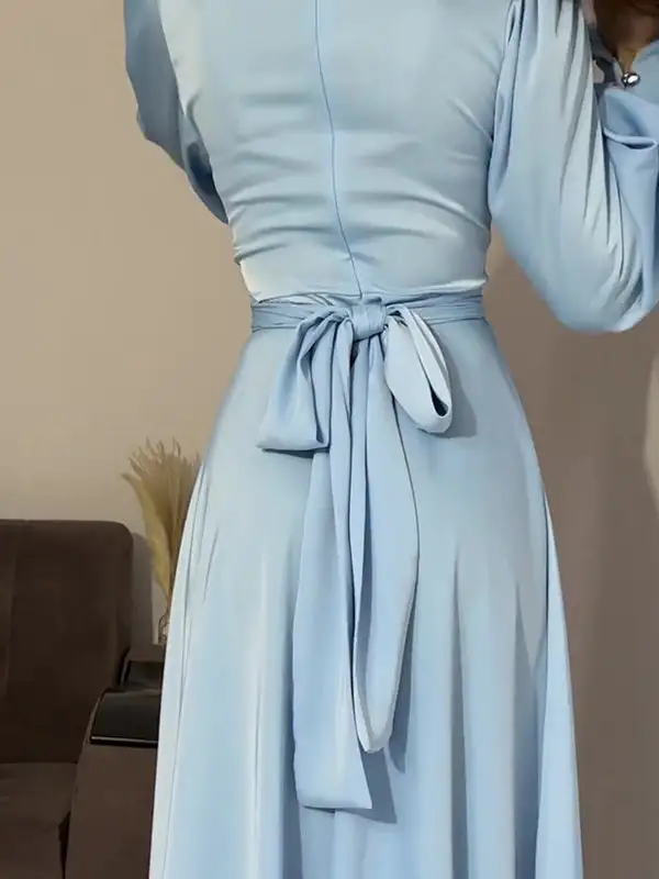 Sleeves Color Pleated Long Neck Maxi Dress