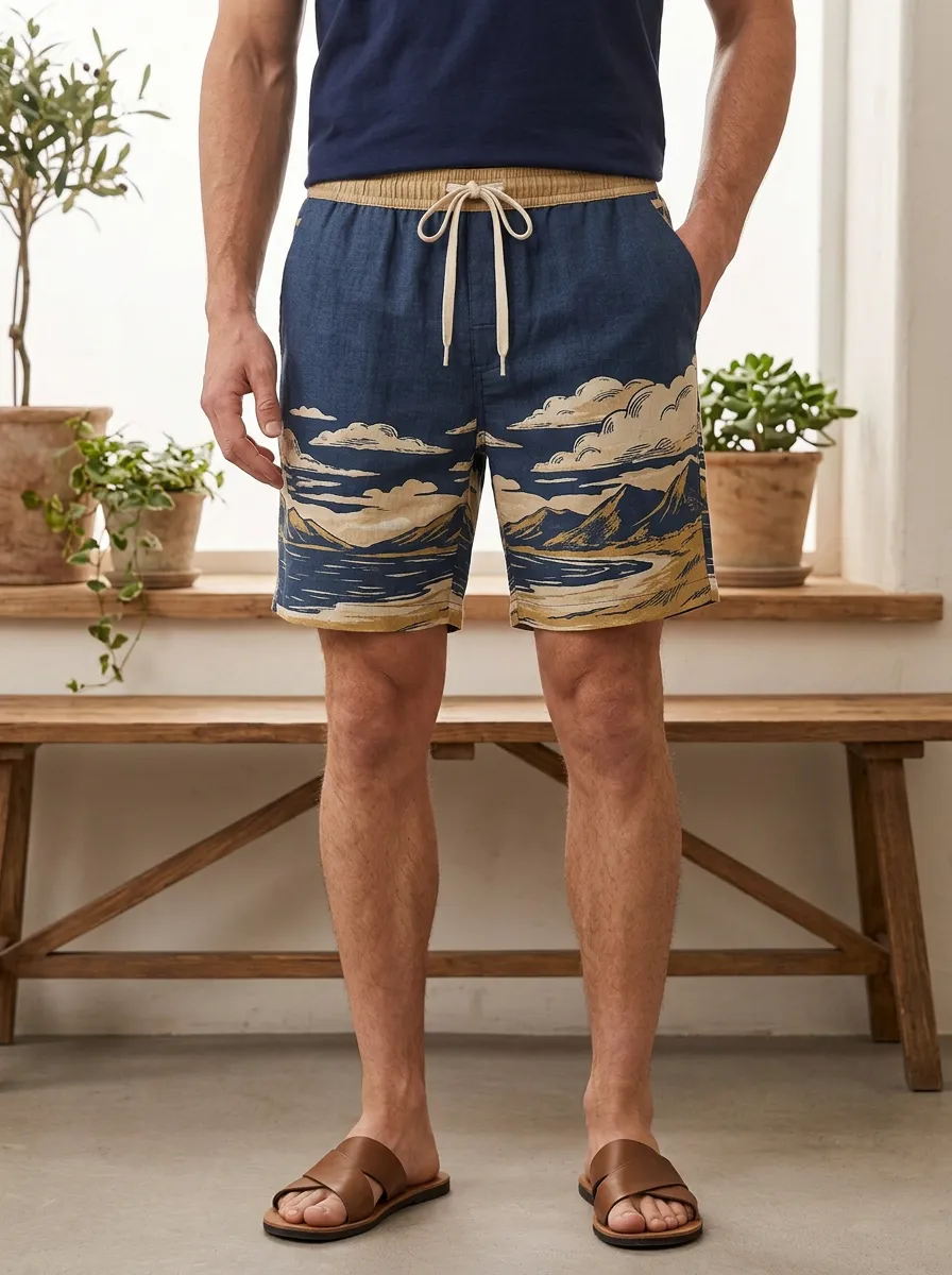 Men's Straight Leg Nature Mountain Landscape Drawstring Shorts