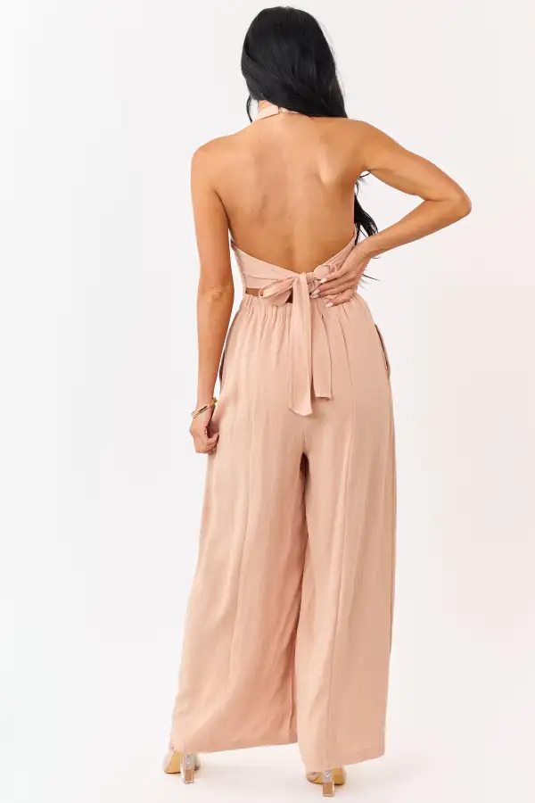 Halter Neck Buttoned Wide Leg Jumpsuit