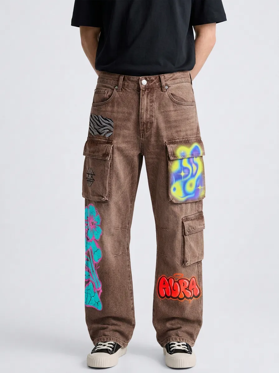 Men's Streetwear Aura Graffiti Floral Printed Cargo Jeans