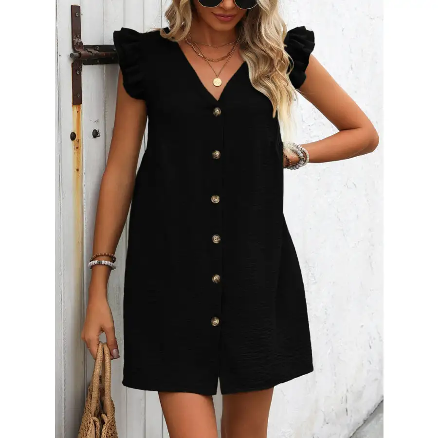 Button Up V-Neck Cap Sleeve Mini Dress