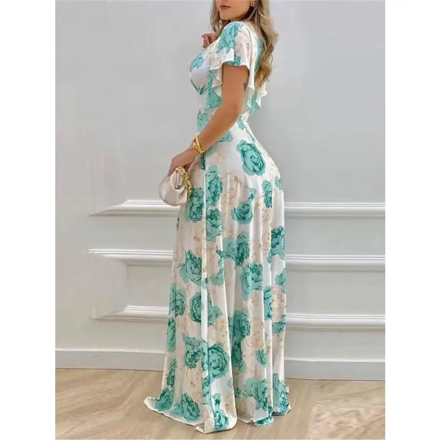 Plus Size Floral Print V Neck Maxi Dress with Flutter Sleeves