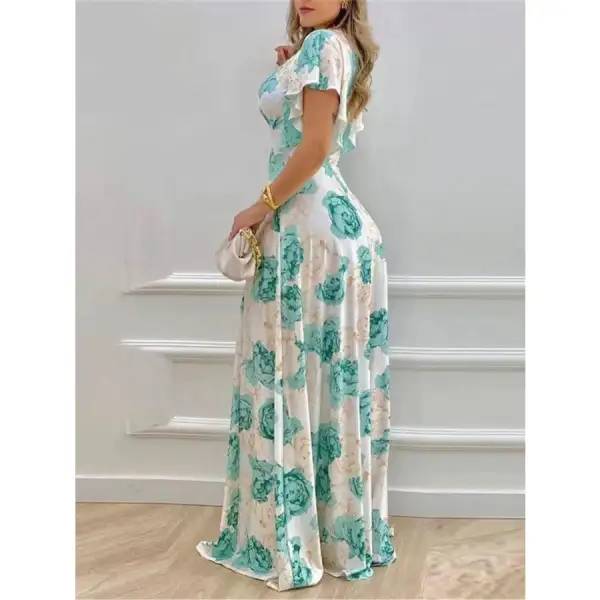 Plus Size Floral Print V Neck Maxi Dress with Flutter Sleeves