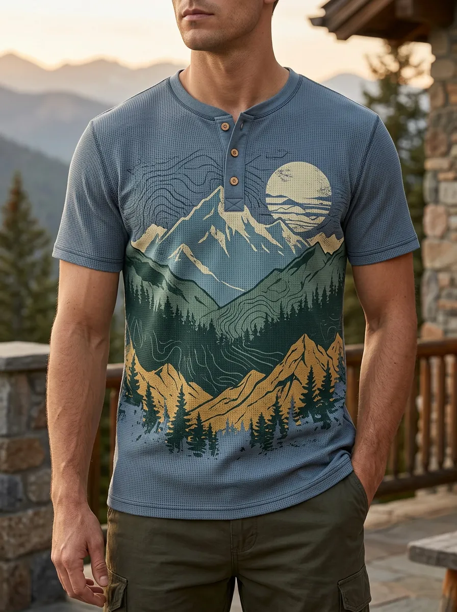 Men's Casual Nature Lover Mountain Forest Henley T-Shirt