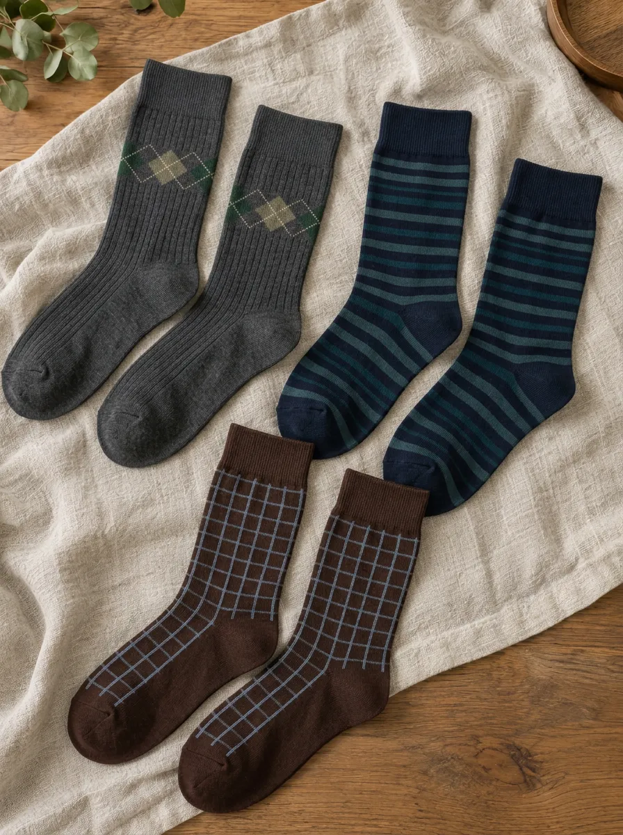 Men's Argyle Striped Grid Pattern Printed Crew Socks 3-Pack