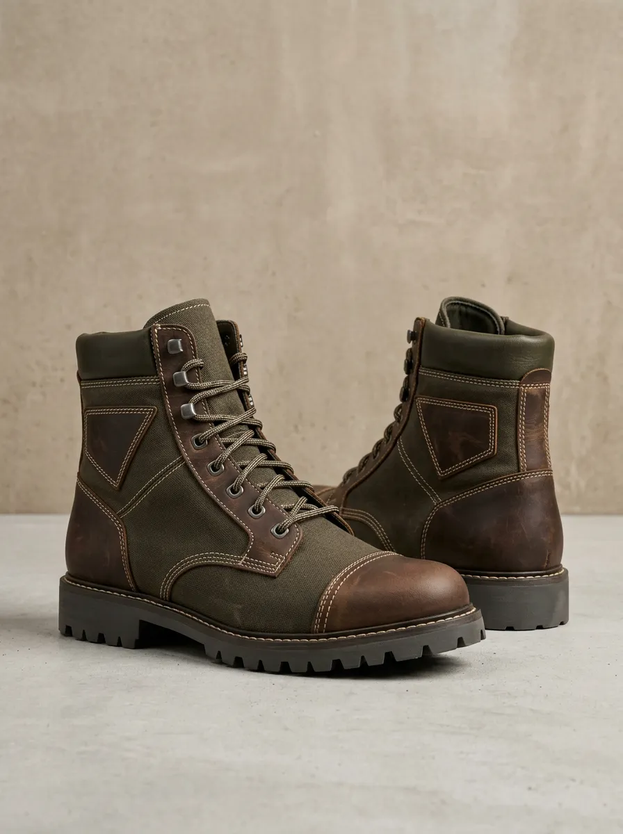 Unisex Canvas Leather Patchwork Print Work Boots