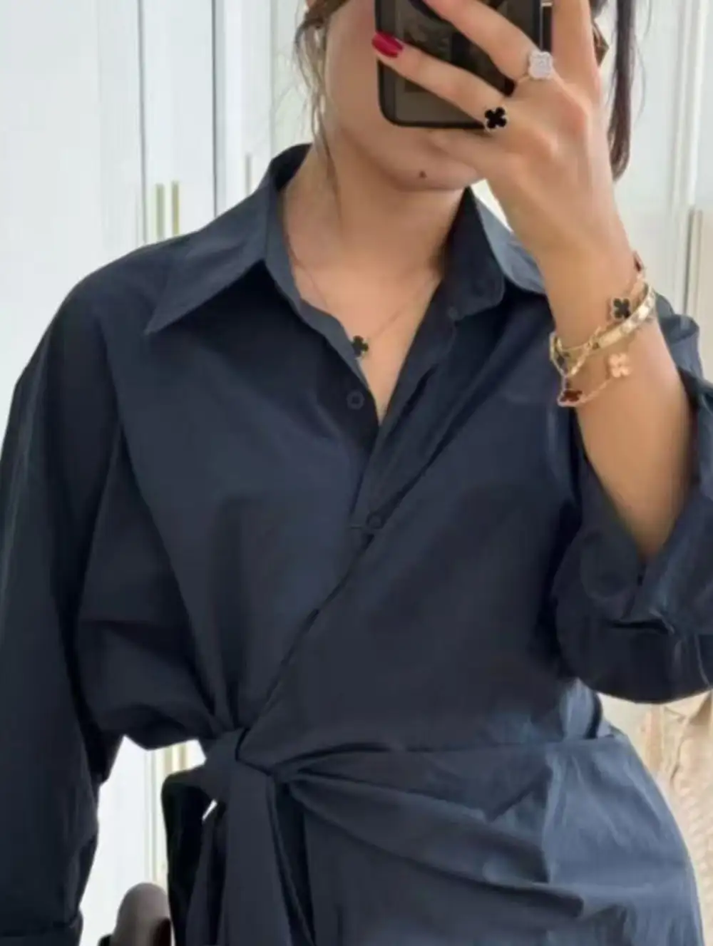 Lapel Button Tie Waist Slim Shirt