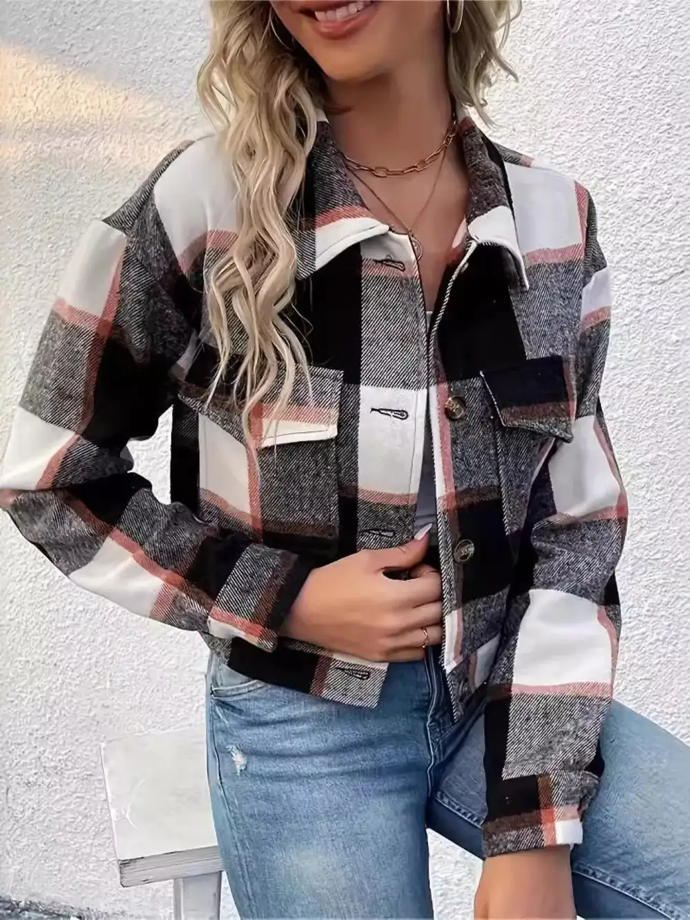 Plaid Button-down Crop Jacket