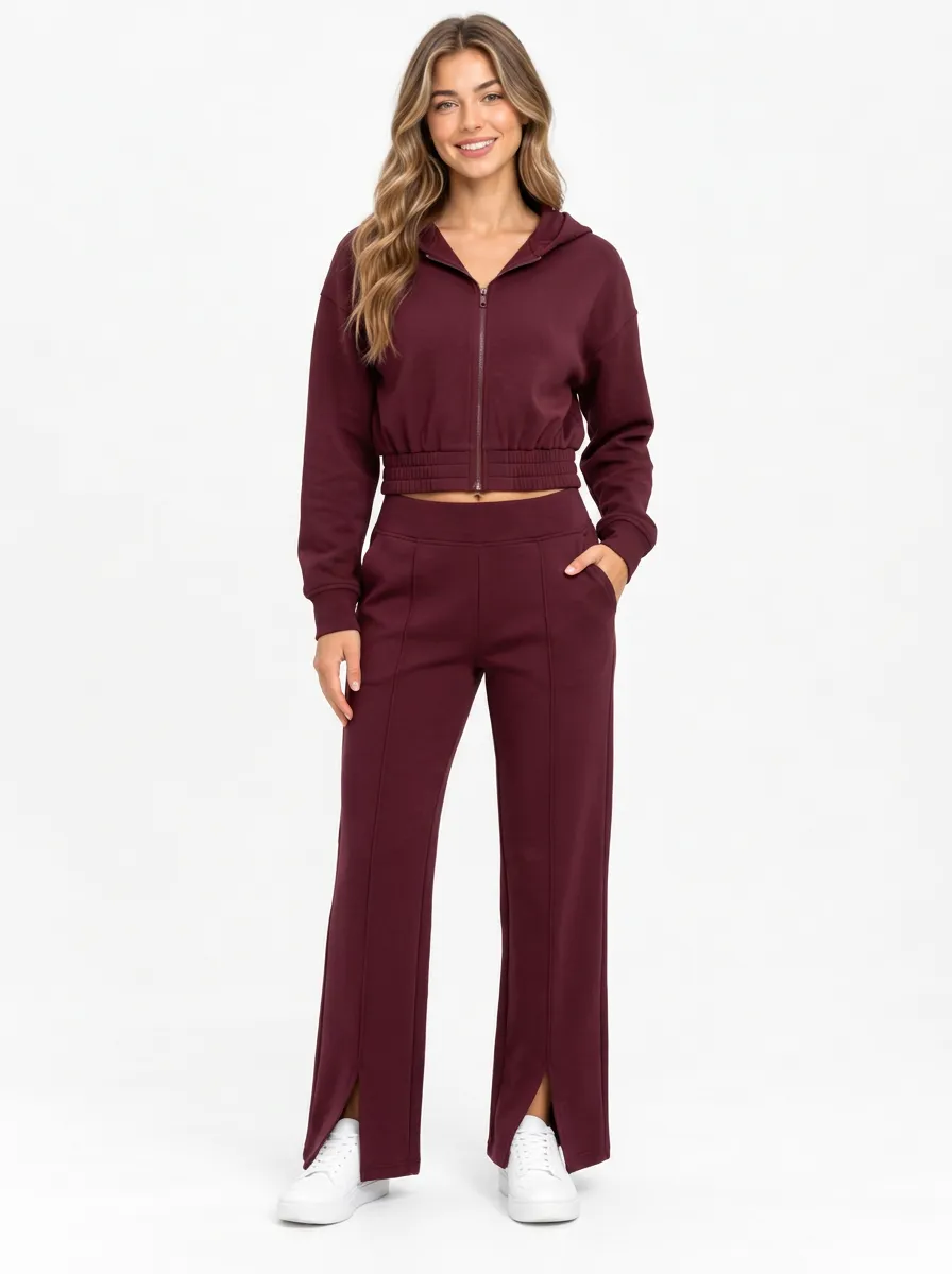 Women's Casual Burgundy Solid Color Zip-up Hoodie and Split Hem Pants Set