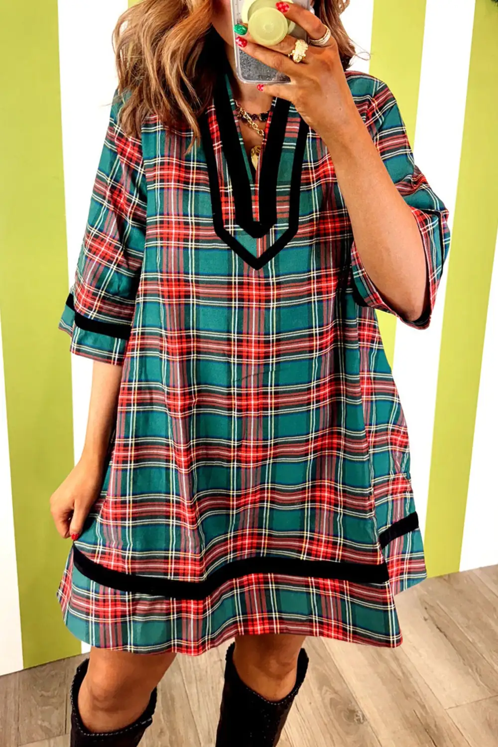 Women's Plaid Velvet Shift Pocket Mini Dress