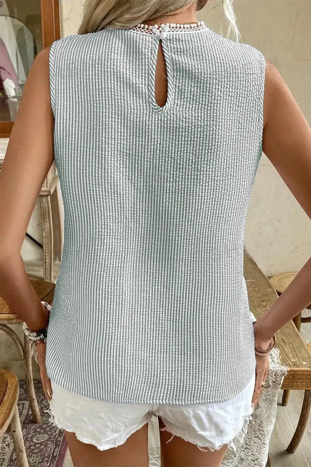 Striped Lace Trim Sleeveless Blouse