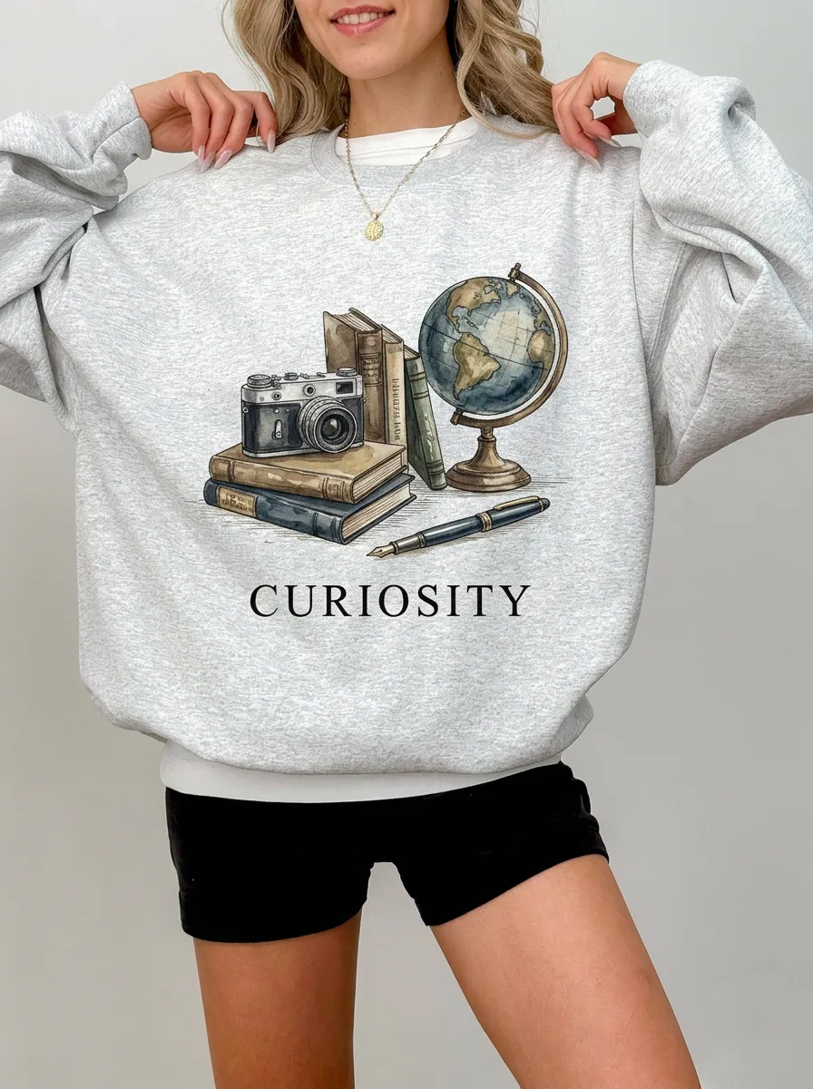 Women's Curiosity Travel Book Globe Camera Graphic Sweatshirt