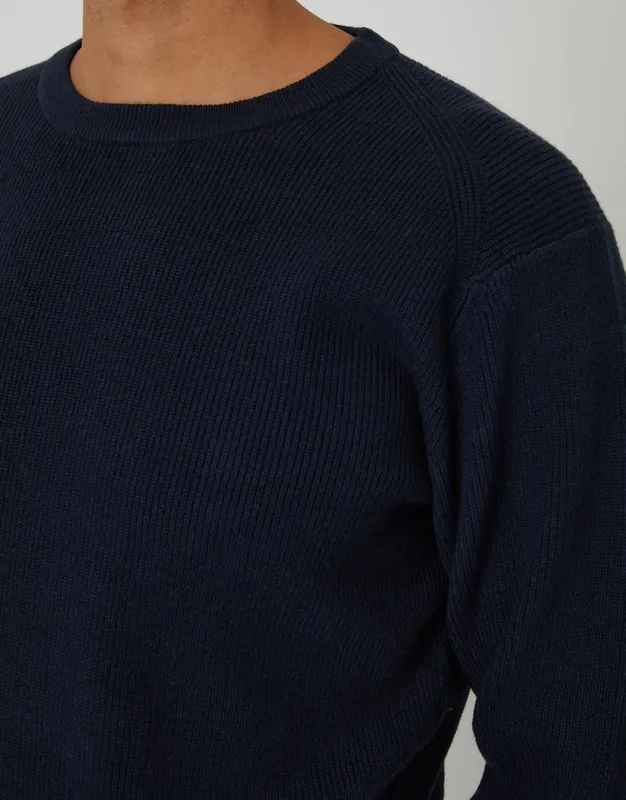 Navy Rib-Knit Crewneck Sweater