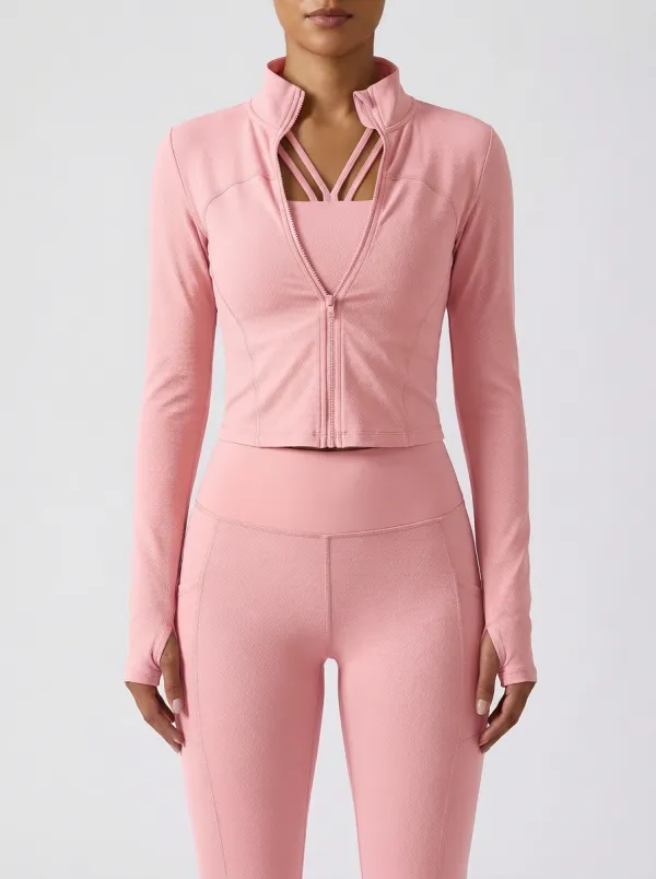 Urban Textured Detail Zip Detail Finish Women's Three Piece Activewear Set