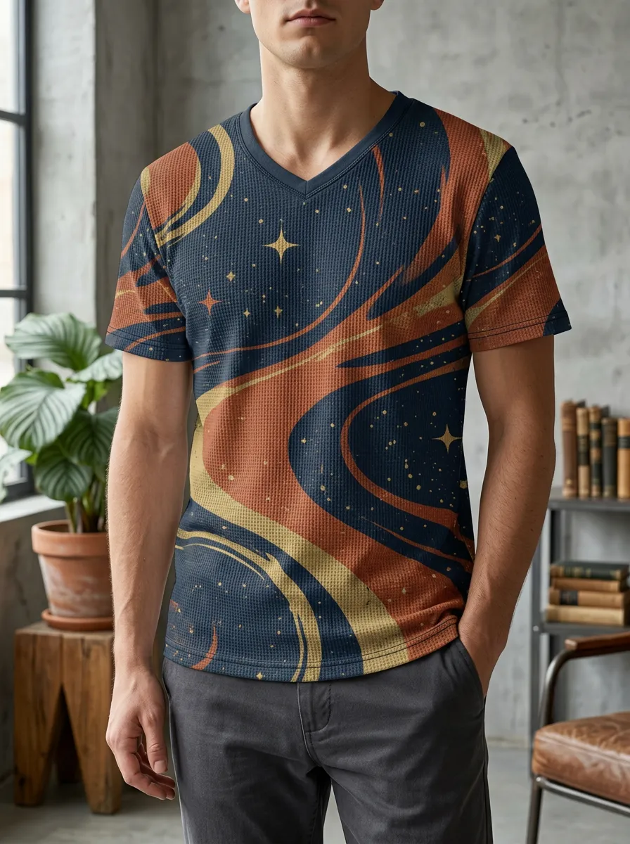 Men's Cosmic Abstract Swirl Starry Night Printed V-Neck T-Shirt