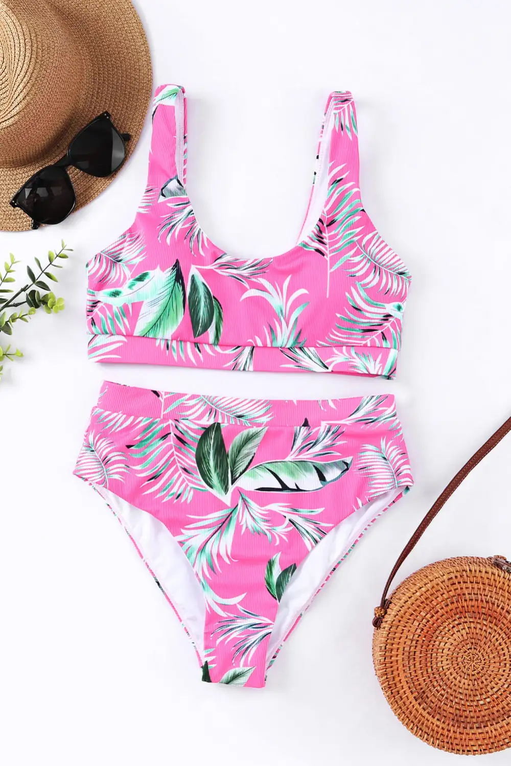 Swimwear Floral Bodycom Party Bikinis Scoop Neck Tropical Ribbed High Waist Bikini