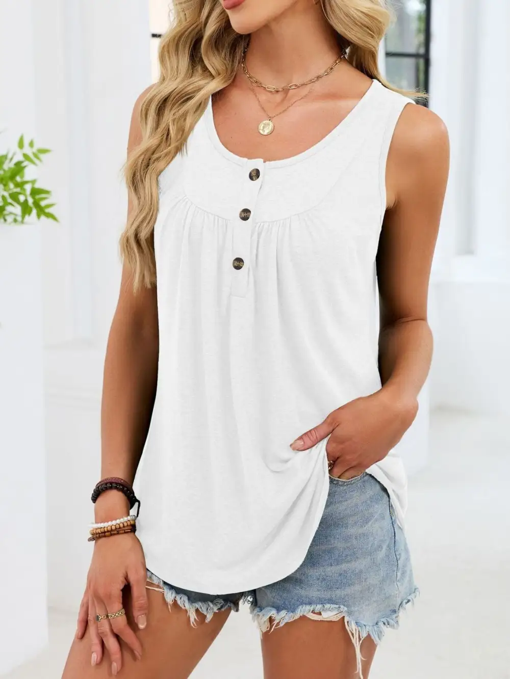 Round-Neck Buttoned Ruched Tank Top