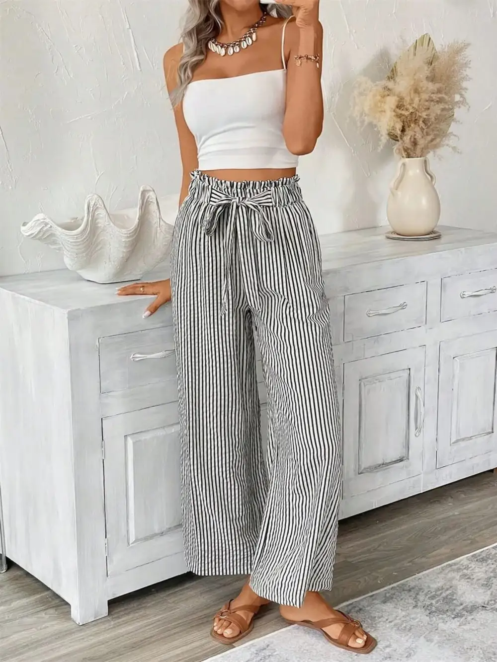 Wide Leg Paperbag Waist Striped Cropped Pants