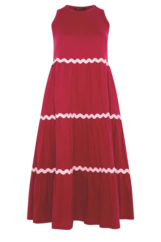 Red Swirl Trim Tiered Maxi Dress detail 4