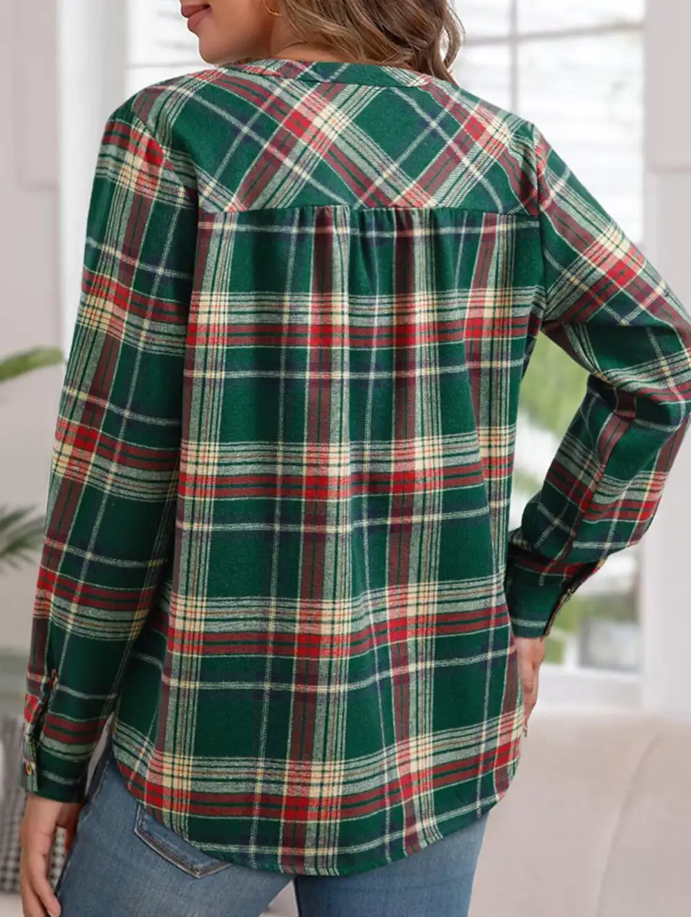 V Neck Plaid Button Shirt