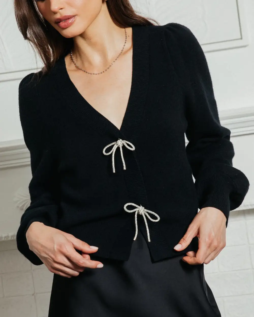 Relaxed Ribbon Trim Puff Sleeve Cardigan