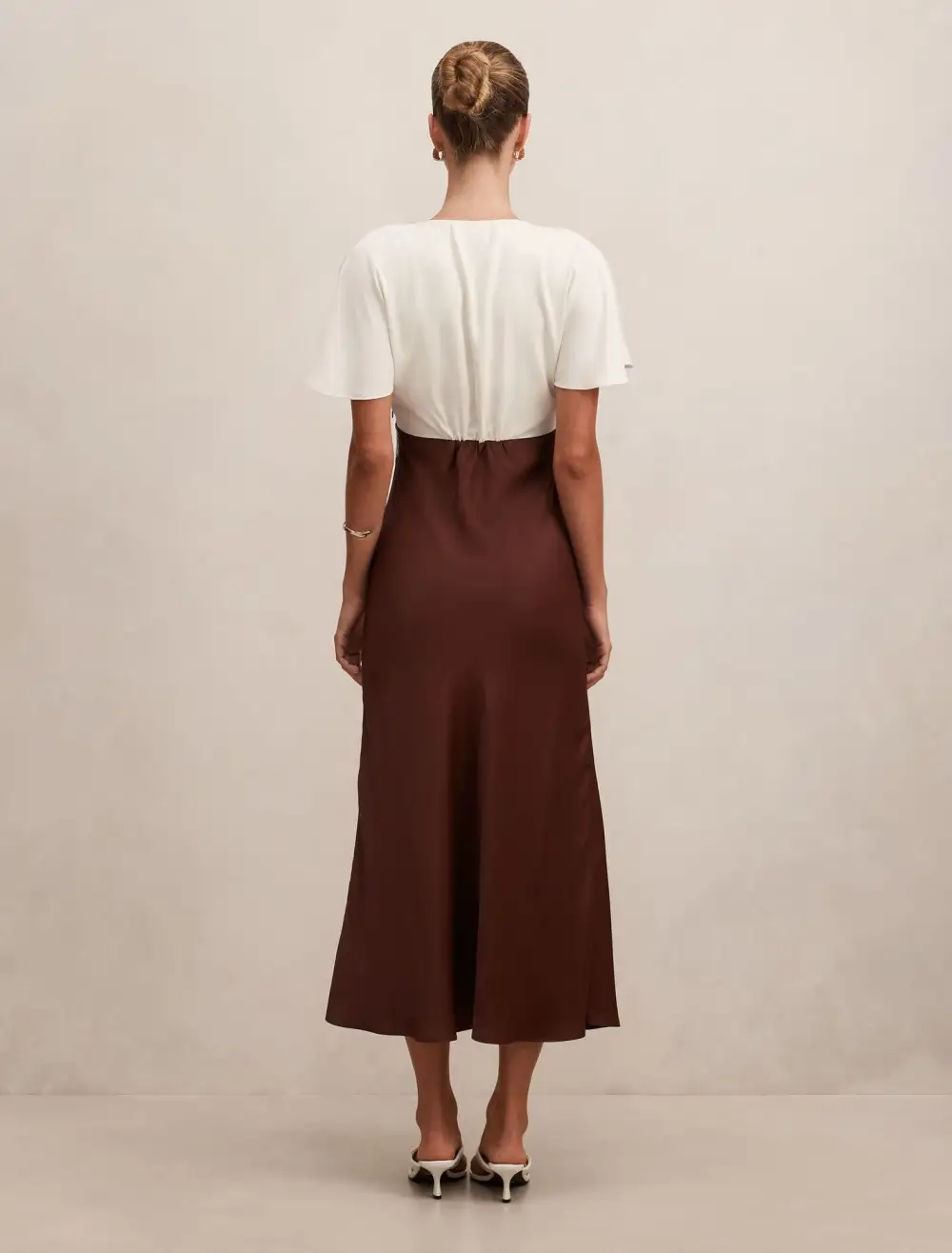 Burgundy Flutter Sleeve Satin Lace Midi Dress