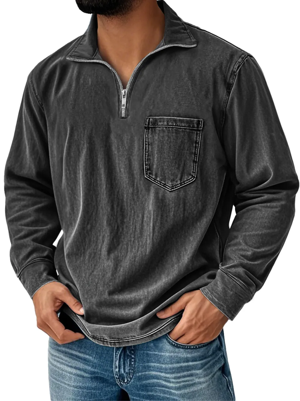 Garment Washed Zip Front Shirt